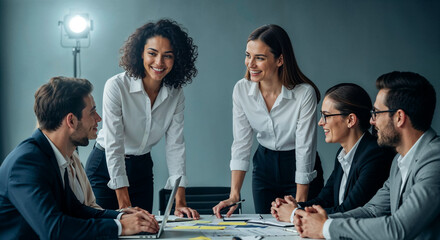 Happy diverse business team collaborating on project