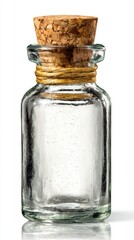 Small Clear Glass Bottle with Cork Stopper on White Background