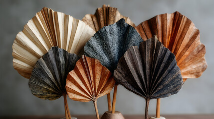 Fan-shaped arrangement of dried palm leaves, each leaf showcasing rich textures and tones from sandy beige to dark brown. The natural patterns and veins of each leaf are highlighted, creating a