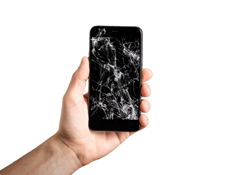 A hand holding a smartphone with a severely cracked screen, symbolizing damage.