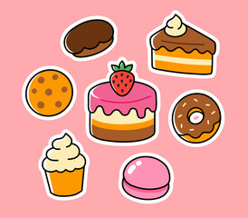 Cute Cartoon Dessert Set - Cake, Donut, Cookie, Macaron and Cupcake on Pink Background