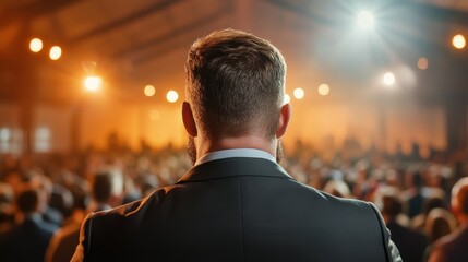 Fototapeta premium A dynamic scene of a speaker addressing a captivated audience, showcasing the connection between public speaking and audience engagement in a warm, inspiring environment.