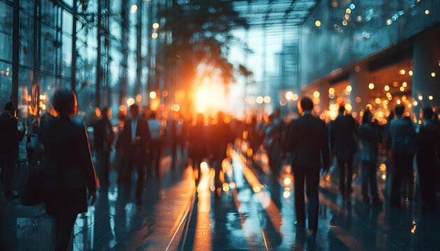 Blurry image of business professionals networking at a corporate event in a modern glass-walled venue during the evening
