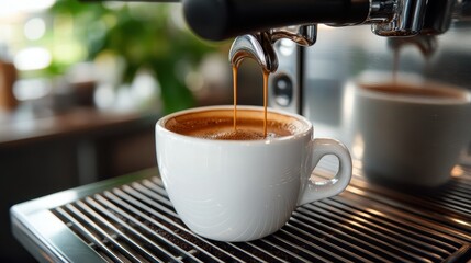 A rich brown espresso being poured into a pristine white cup, highlighting the intricate textures and the inviting allure of a well-crafted coffee experience at a café.
