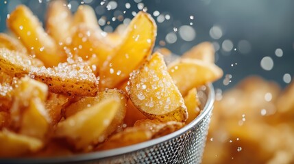 A close-up view of golden crispy potato wedges sprinkled with salt, highlighting their deliciousness and appeal for food lovers and culinary enthusiasts alike.