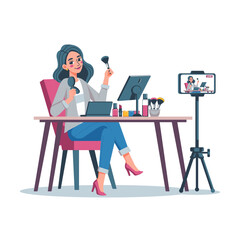Woman doing makeup while streaming, cartoon vector. Suitable for social media