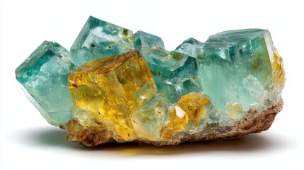 Fototapeta premium Teal and Yellow Fluorite Crystal Cluster on White Background