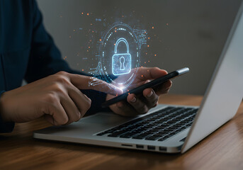 Secure Mobile Data Protection Concept A person uses a smartphone with a digital lock graphic illustrating secure online transactions and data privacy