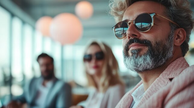 A sophisticated man wearing sunglasses gazes confidently, exuding charisma and elegance in a modern, stylish atmosphere that promotes social connection.