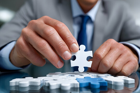 Business Puzzle Piece Placement, Hand in Focus, Business Strategy Concept, Close-Up on Tactics and Ideas