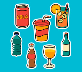 Fototapeta premium Cute Cartoon Drink Set - Soda, Juice, Water Bottle, and Glass Beverage on Blue Background