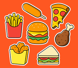 Cute Cartoon Fast Food Set - Burger, Pizza, Fries, Sandwich, and Fried Chicken on Orange Background