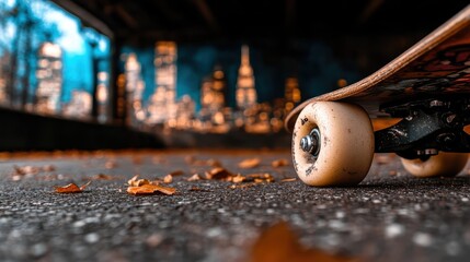 A close-up shot of a skateboard resting on the ground with a blurred urban backdrop, encapsulating a lifestyle and culture associated with skateboarding and freedom.