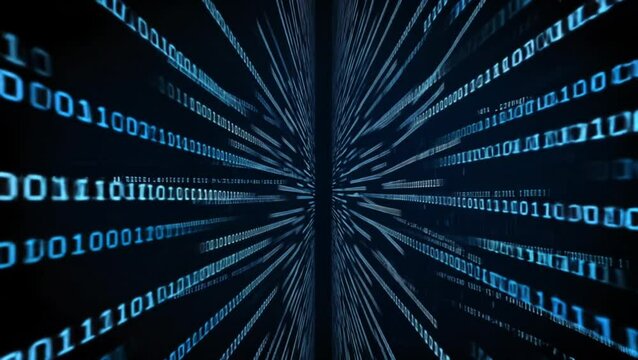 A perspective view of glowing blue binary code forming a tunnel-like structure in a dark digital environment representing data flow and futuristic technology. Technology concept
