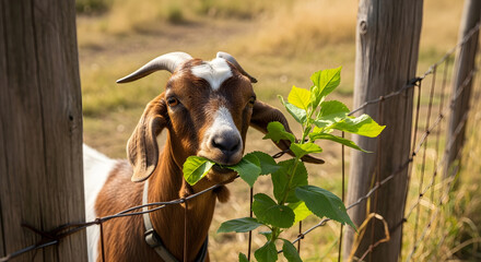Curious goat eating green leaves through farm fence on sunny day