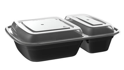 A dual-compartment food container with a transparent lid, designed for storing and transporting meals.