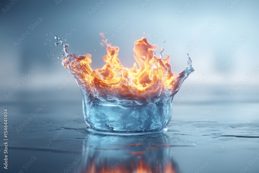 Poster a high-speed photo capturing a glass filled with water and topped with fiery orange flames, creating