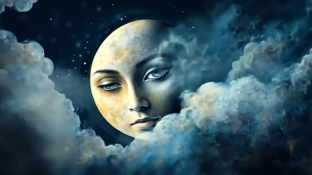 Moon-faced girl amidst clouds