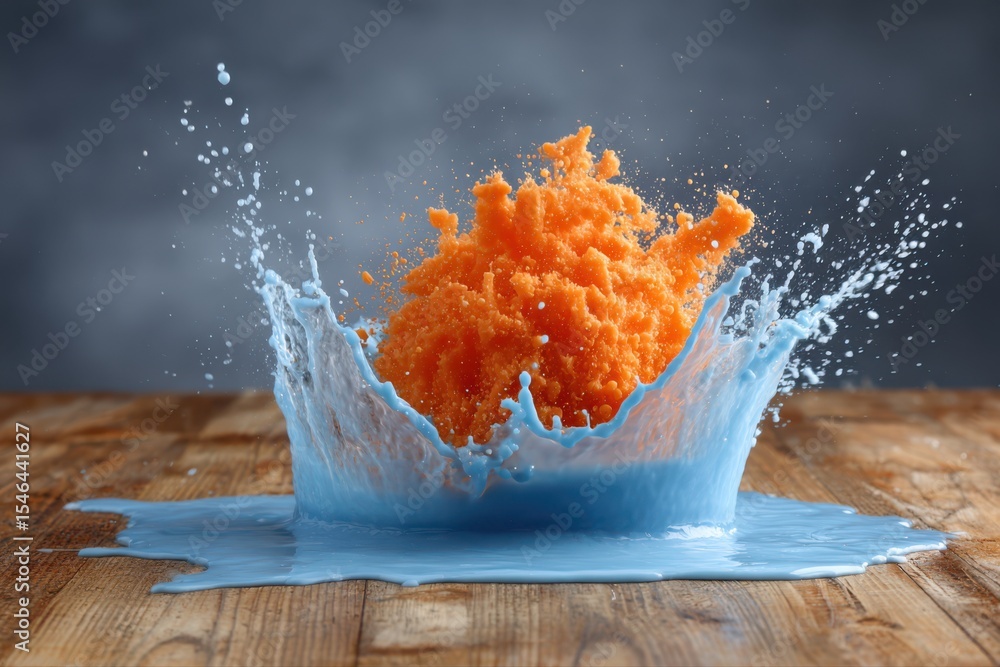 Poster a high-speed photo capturing a blue liquid splashing on a wooden table, creating a dynamic and visua
