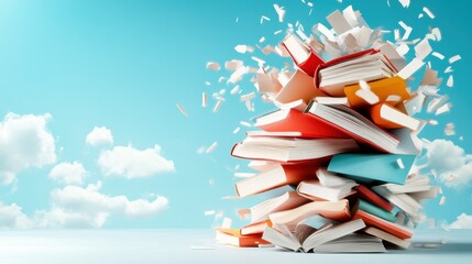 An artistic representation of books bursting into the air with colorful pages scattered, symbolizing the joy of reading and the vast knowledge within written works.