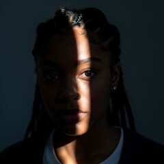 Dramatic portrait of young woman in shadow and light with emotional expression