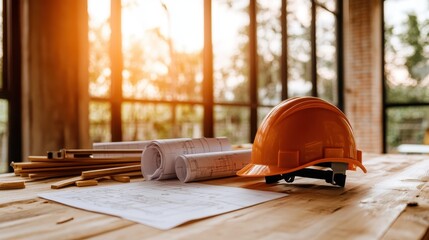A construction site featuring blueprints and safety gear captured during sunset, representing the hard work and creativity involved in building and creating new structures.