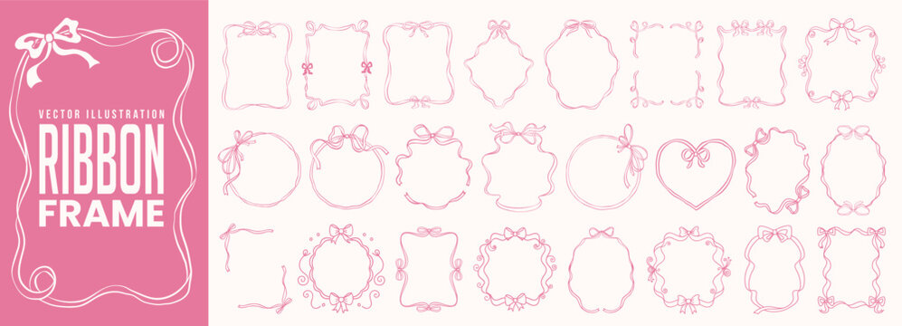 Hand drawn ribbon frame, doodle border, wedding celebration decor, wavy oval banner and minimal geometric business ornament collection. Vintage ribbon pattern with bow for birthday party invitation.