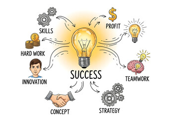 Business success infographic with strategy, innovation, teamwork, skills, and profit concept