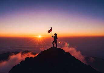 Silhouette of man planting flag on mountain peak at sunrise