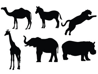 African Wildlife Silhouettes Camel, Zebra, Tiger, Giraffe, Elephant, Hippo