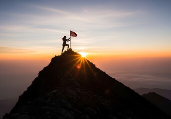 Silhouette of man planting flag on mountain peak at sunrise