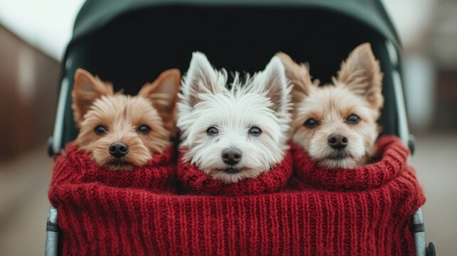 Three charming small dogs bundled together in matching red sweaters sit cozily in a stroller, capturing hearts with their adorable expressions and delightful charm.