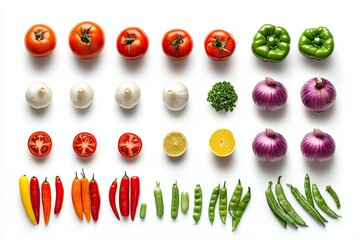 Vegetables Neatly Arranged for Food Photography Isolated on White Background, Depth of Field