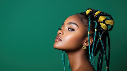 A captivating portrait of a woman showcasing her colorful braided hairstyle against a vibrant green background, symbolizing individuality and self-expression with striking beauty.