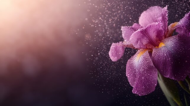 A stunning close-up of a vibrant purple iris flower, delicately adorned with shimmering dew drops, capturing the essence of nature's beauty and elegance in a serene atmosphere. - Powered by Adobe