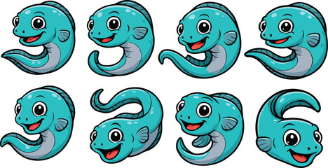 Fototapeta premium vector illustration of eel fish funny cute cartoon mascot character cartoon with 8 poses 