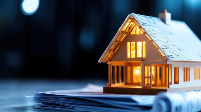 A beautifully crafted wooden house model illuminated in soft light sits atop architectural blueprints, representing creativity and future living design concepts.