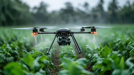 An agricultural drone flying over verdant fields, spraying crops, showcasing technology's role in modern farming and environmental care amidst lush landscapes and innovation.