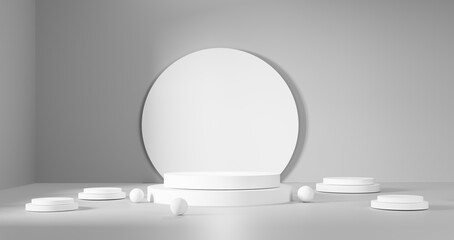 Stunning product display with tiered purple pedestals and white tops on a vibrant backdrop. Showcasing cosmetics, jewelry, fashion accessories, luxury items in ecommerce, advertising, and branding.