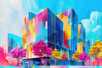 Vibrant Color Visual of a Colorful Illustration of a Building with a Building and Trees on it