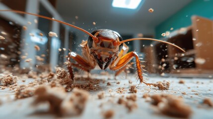 This macro shot of a cockroach captures the intricate details of its anatomy, depicting a raw, urban element often overlooked in everyday settings.