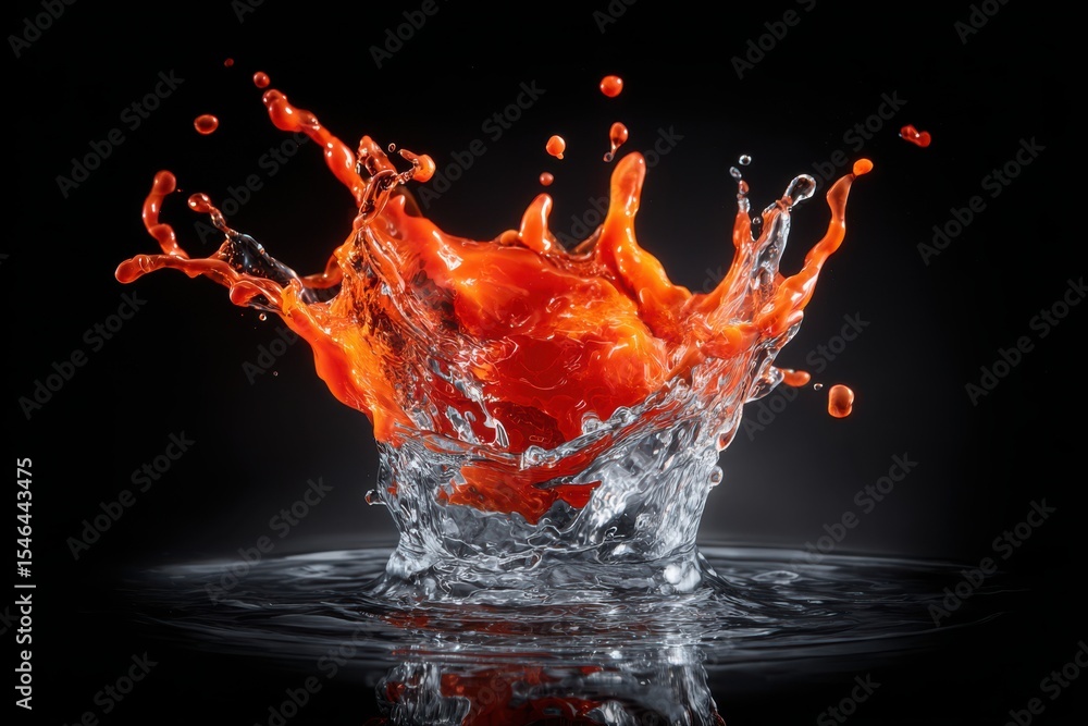 Poster a high-speed photo capturing an explosive moment as orange liquid splashes in water, creating a vibr
