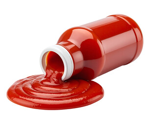 Spilled ketchup bottle with red sauce. Transparent background