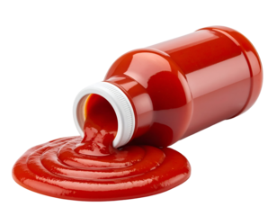 Spilled ketchup bottle with red sauce. Transparent background