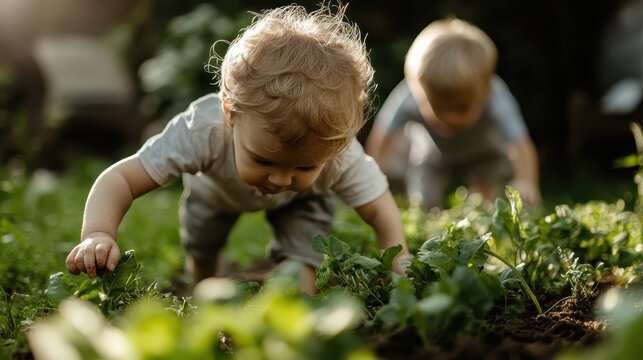 Two curious toddlers explore a lush garden, digging through soft earth and vibrant plants, reflecting the innocence of childhood and the joy of discovery in nature.