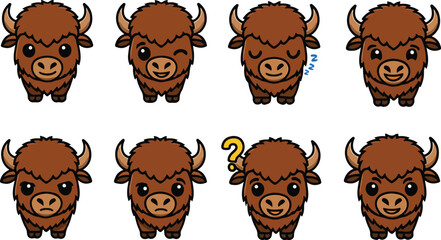 vector illustration of bison buffalo bull cow funny cute cartoon mascot character cartoon with 8 poses  © weng
