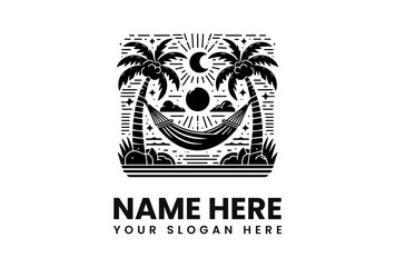 Monochromatic graphic design of a hammock nestled between palm trees, under a crescent moon and sun, evoking a peaceful tropical scene.