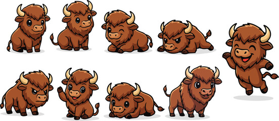 vector illustration of bison buffalo bull cow funny cute cartoon mascot character cartoon with 9 poses 02