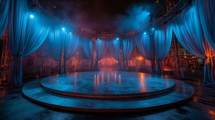 An atmospheric, empty round stage in a theatre, surrounded by elegant blue drapes and illuminated by dramatic blue and red spotlights