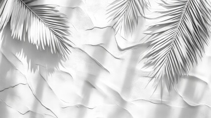 Monochrome palm leaves cast shadows on a textured surface.